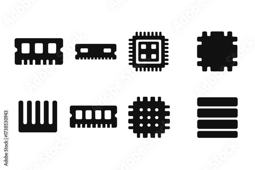 Memory Component Icons. Solid, filled icon set of computer memory components: RAM stick, DIMM slot, CPU cache, memory chip, heatsink, memory module, VRAM icon,