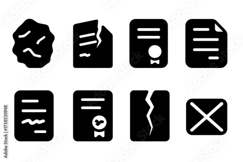 Discarded Papers Icons. Solid, filled icon set of worthless papers: crumpled document, torn letter, faded certificate, discarded form, erased signature, broken