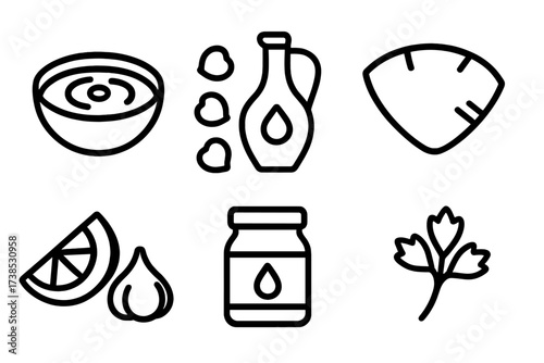 Hummus Ingredients Icons. Solid, filled icon set of hummus: bowl of hummus, chickpeas, olive oil bottle, pita bread, lemon slice, garlic clove, tahini jar,