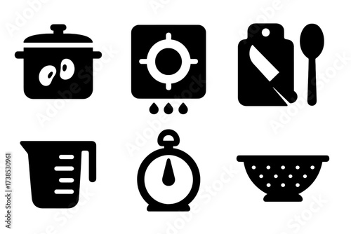 Bean Stew Tools Icons. Solid, filled icon set of bean stew cooking tools: cooking pot, stove, chopping board, knife, spoon, measuring cup, timer, colander.