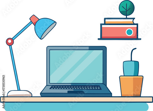 A color vector of a minimalist desk setup. A slim laptop, a single notebook, a cup of tea, and a small desk lamp on a clean wooden surface. 