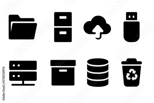 Document Storage Icons. Solid, filled icon set of document storage: folder, file cabinet, cloud storage, USB drive, server, archive box, database, recycle bin.