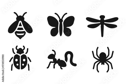 Black Insect Icons. Solid, filled icon set of chamomile garden insects and pollinators: bee, butterfly, ladybug, dragonfly, beetle, ant, worm, spider. Solid,