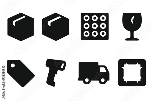 Fragile Shipping Icons. Solid, filled icon set of fragile shipping: sealed box, taped box, bubble wrap, fragile label, shipping tag, parcel scanner, delivery