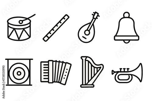 Traditional Music Icons. Outline icon set of traditional music and instruments: drum, flute, string instrument, bell, gong, accordion, harp, trumpet. Line