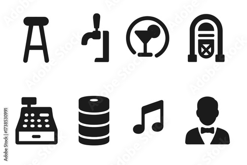 Bar Icons Collection. Solid, filled icon set of shot bar environment: bar stool, draft tap, neon light, jukebox, cash register, beer keg, music note, bartender