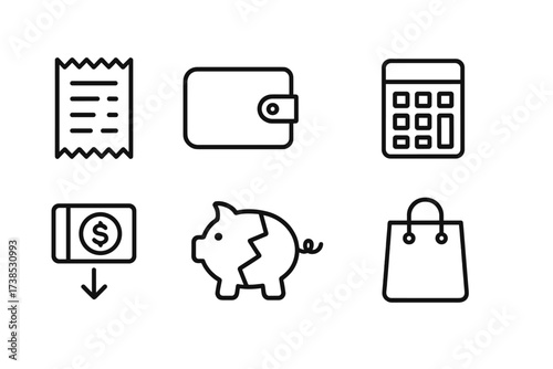 Financial Icons Set. Outline icon set of expense: receipt, wallet, calculator, credit card, invoice, cash outflow, piggy bank breaking, shopping bag. Line