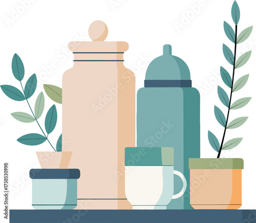 vector illustration of a minimalist kitchen shelf. Matching ceramic canisters for flour, sugar, and tea, all in pastel colors on transparent background