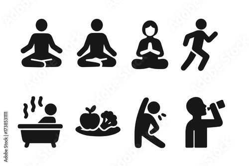 Rejuvenation Icons Grid. Solid, filled icon set of rejuvenation activities: yoga pose, meditation, jogging, spa bath, healthy meal, deep breathing, stretching,
