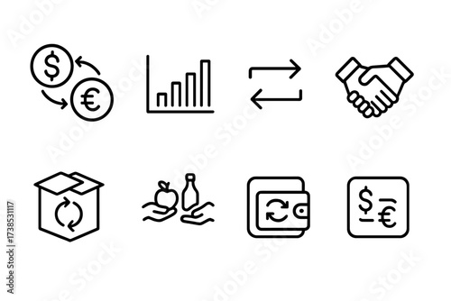 Financial Exchange Icons. Outline icon set of exchange: currency exchange, stock market, handshake, trade arrows, exchange box, bartering goods, digital