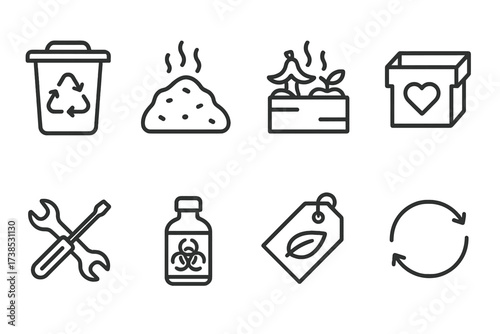Eco Icon Set. Outline icon set of flat pack recycling and disposal: recycle bin, landfill, compost, donation box, dismantling tools, hazardous waste, eco
