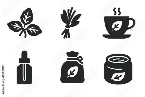 Herbal Icons Grid. Solid, filled icon set of dried herbs and products: dried basil, herb bundle, herbal tea cup, essential oil bottle, tincture dropper, herbal