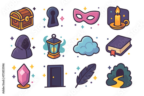 Mystery Icon Set. Mystery. Colorful isometric vector icons set of mystery: locked chest, keyhole, mask, candle in darkness, hooded figure, misty lantern, fog