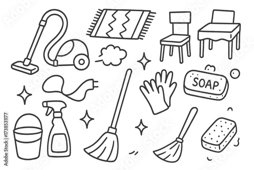 Cartoon Cleaning Doodles. Hand-drawn doodle illustration Vacuuming carpets vacuum cleaner, rug, dust cloud, plug, cord, chair, table, cloth, bucket, broom,