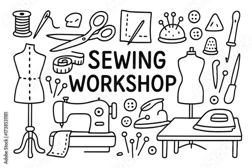 Sewing Workshop Doodles. Hand-drawn doodle illustration sewing workshop sewing machine, thread spool, scissors, needle, fabric, pins, measuring tape, pattern