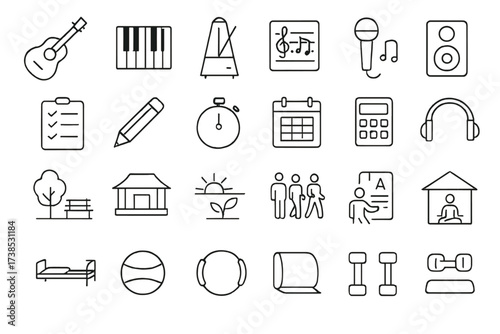 Outline Practice Icons. Outline icon set of music practice: guitar, piano keys, metronome, sheet music, microphone, headphones, music notes, speaker. Line