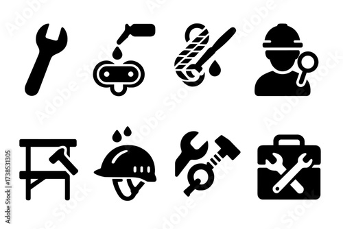Zip Line Maintenance Icons. Solid, filled icon set of zip line maintenance: wrench, pulley lubrication, rope replacement, safety inspection, platform repair,