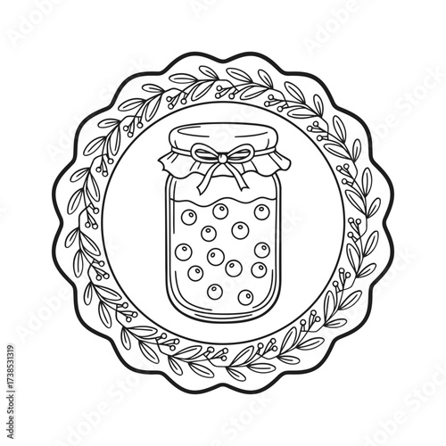 Vector art of black and white illustration of a jar of berries in a circular frame with leaves
