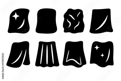 Satin Texture Icons. Solid, filled icon set of satin textures and finishes: glossy shine, matte finish, crumpled fabric, smooth fold, shiny pleats, reflective