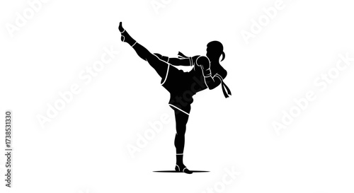 Dynamic Silhouette of a Female Muay Thai Fighter Executing a High Kick with Precision