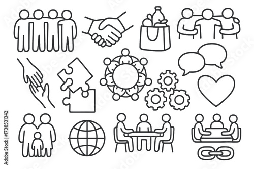 Teamwork Symbols Doodle. Hand-drawn doodle illustration collectivist values and teamwork group of people, handshake, shared resources, team huddle, helping