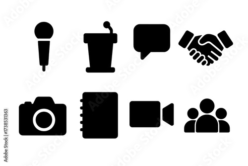 Spokesperson Tools Icons. Solid, filled icon set of spokesperson tools: microphone, podium, speech bubble, handshake, camera, notebook, video camera, audience.