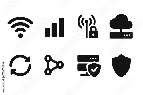 Online Banking Icons. Solid, filled icon set of online banking connectivity: Wi-Fi, cellular network, VPN, cloud server, data sync, API connection, server
