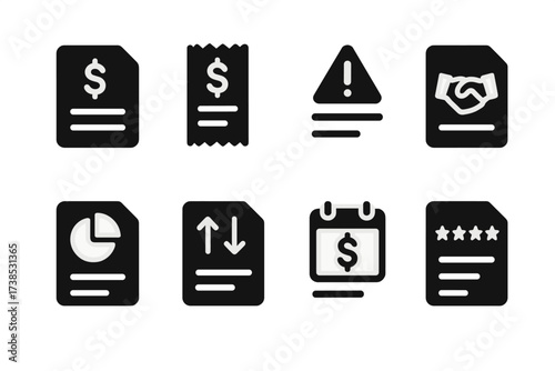 Overdraft Document Icons. Solid, filled icon set of overdraft related documents: bank statement, fee receipt, overdraft notice, loan agreement, budget plan,