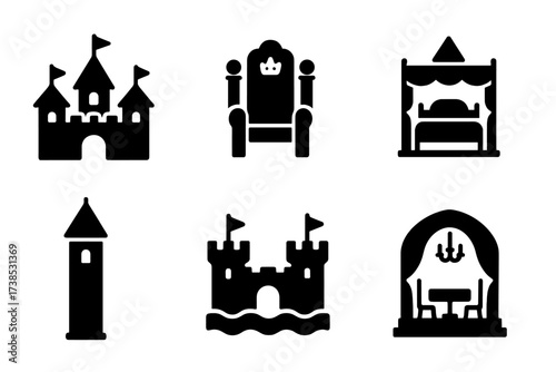 Royal Icon Set. Solid, filled icon set of king?s palace and architecture: castle, throne room, royal chambers, drawbridge, tower, moat, battlements, great