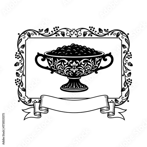Vector art of black and white illustration of a decorative bowl of berries with handles inside a frame with a banner