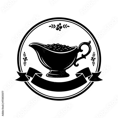 Vector art of black silhouette of a gravy boat filled with gravy, , with decorative elements and a banner
