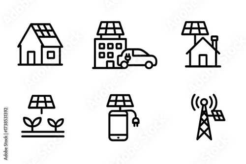 Solar Power Icons. Outline icon set of solar power system users: residential home, commercial building, electric vehicle, remote cabin, agriculture farm,