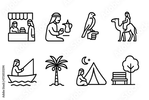 Middle Eastern Icons. Outline icon set of Qatari daily life: Souq shopping, Traditional coffee serving, Falconry, Camel riding, Fishing, Date harvesting,