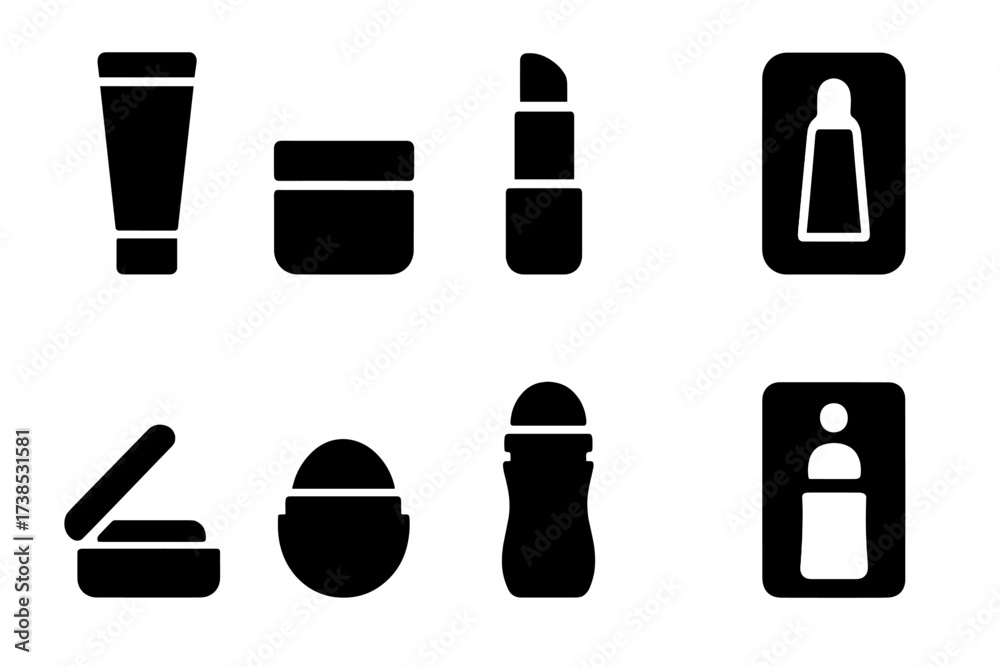 Fototapeta premium Lip Balm Icons. Solid, filled icon set of lip balm packaging: tube container, small jar, twist-up stick, squeeze tube, tin case, lip balm ball, roll-on