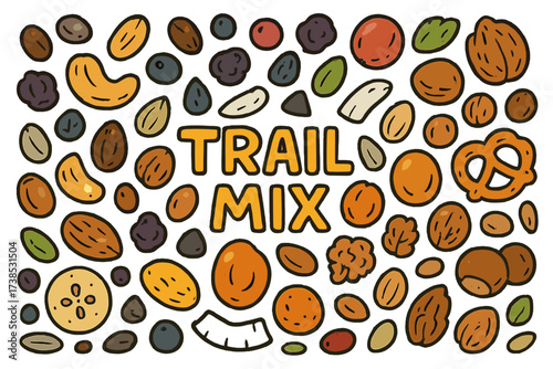 Colorful Trail Mix Doodle. Trail Mix. Colorful Hand-drawn doodle Children illustration peanuts, cashews, almonds, raisins, cranberries, sunflower seeds,