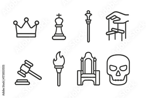 Ruthless Icon Set. Outline icon set of ruthless leadership: crown, chess king, scepter, puppet strings, gavel, burning torch, throne, skull mask. Line icons in