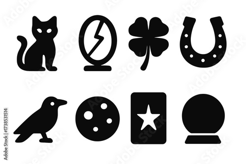 Omen Symbols Icons. Solid, filled icon set of omen symbols: black cat, broken mirror, four-leaf clover, horseshoe, crow, full moon, tarot card, crystal ball.