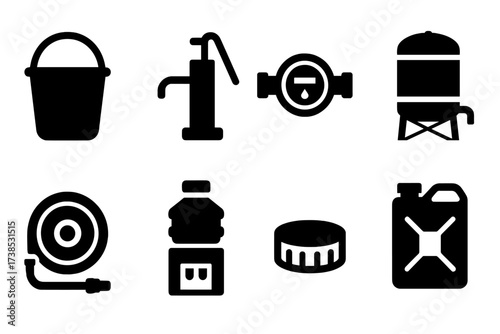 Water Equipment Icons. Solid, filled icon set of water equipment: bucket, water pump, water meter, water tank, hose reel, water cooler, water bottle cap, water