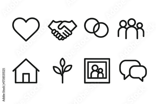 Family Icons Set. Outline icon set of family relationships: heart, handshake, linked rings, group, home, tree branch, photo frame, speech bubbles. Line icons