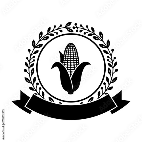 Vector art of black silhouette of a corn cob in a circular frame with a laurel wreath and banner