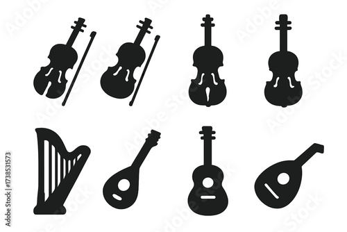 Classical String Icons Grid. Solid, filled icon set of classical string instruments: violin, viola, cello, double bass, harp, mandolin, classical guitar, lute.