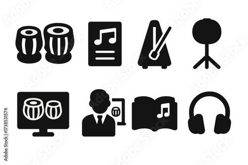 Tabla Education Icons. Solid, filled icon set of tabla education: drum lesson, sheet music, metronome, practice pad, video tutorial, instructor, music book,