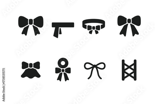 Fashion Ribbon Icons. Solid, filled icon set of fashion ribbons: hair ribbon, waist sash, ribbon choker, shoulder bow, dress trim, ribbon brooch, shoelace bow,