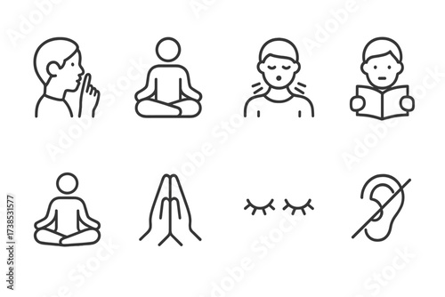 Silent Actions Icons. Outline icon set of silence-related actions: shushing, meditation, deep breath, reading, yoga pose, praying hands, closing eyes, ear with
