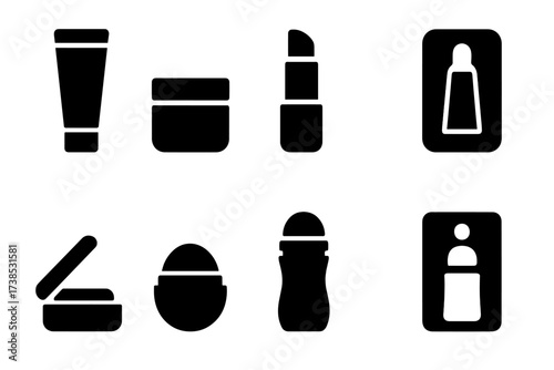Lip Balm Icons. Solid, filled icon set of lip balm packaging: tube container, small jar, twist-up stick, squeeze tube, tin case, lip balm ball, roll-on