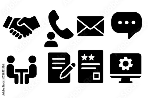 Client Interaction Icons. Solid, filled icon set of client interactions: handshake, phone call, email, chat bubble, meeting, contract signing, feedback form,