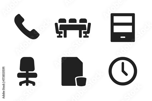 Minimalist Office Icons. Solid, filled icon set of quiet office: empty phone receiver, vacant meeting table, empty office shelf, switched-off computer tower,