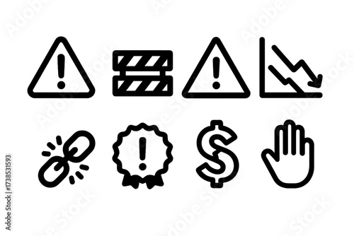 Financial Risk Icons. Solid, filled icon set of financial risk: danger sign, caution tape, warning triangle, falling graph, broken chain, alert badge, cracked