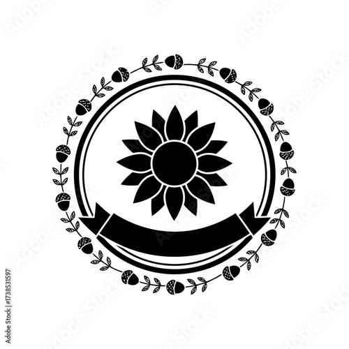 Vector art of black silhouette of a sunflower with petals and a banner inside a circular frame adorned with small flowers