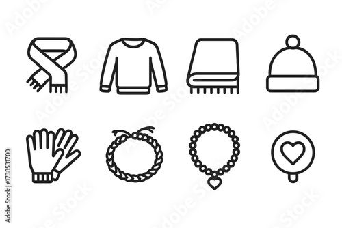 Hug Accessories Icons. Outline icon set of hug accessories: scarves, sweaters, blankets, hats, gloves, friendship bracelets, necklaces, pins. Line icons in